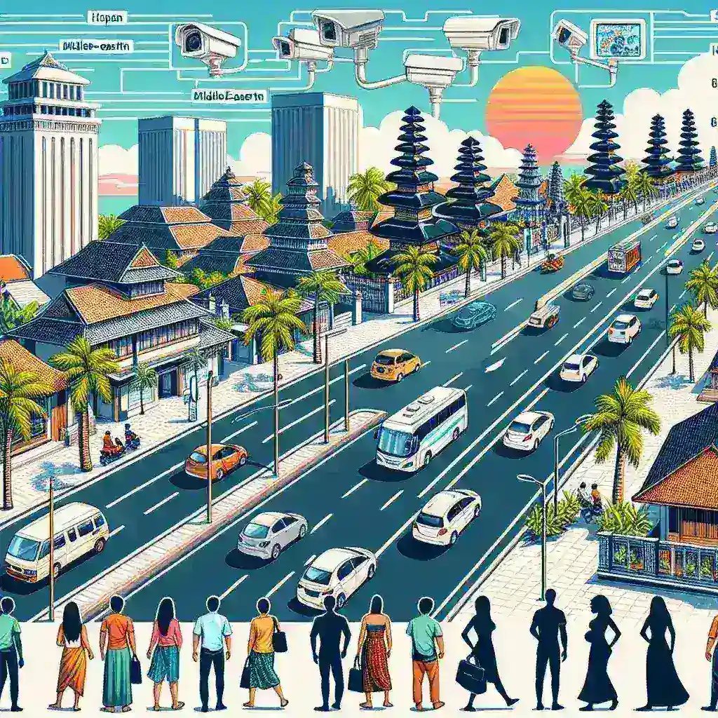 "Smart camera installation in Kota Denpasar for monitoring tourist traffic, enhancing urban management and visitor safety."